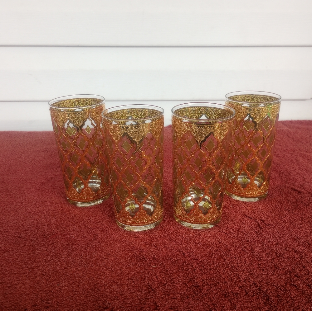 Signed Set Of 4 Culver Valencia Highball Glasses Covered In 22 Karat Gold Gilt M